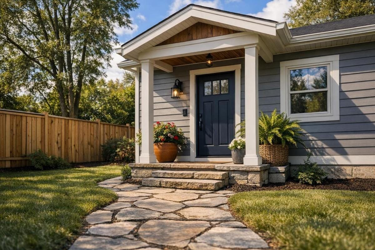 Welcoming entrance of an accessory dwelling unit with covered porch in Ontario, Canada